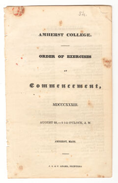 Thumbnail for Amherst College Commencement program, 1833 August 28 - Image 1