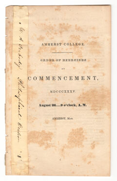 Thumbnail for Amherst College Commencement program, 1835 August 26 - Image 1