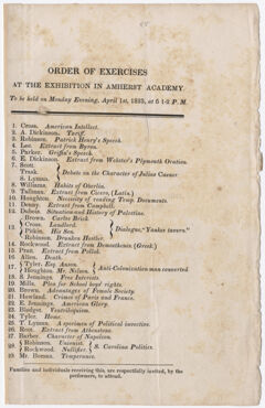 Thumbnail for Amherst Academy exhibition program, 1833 April 1