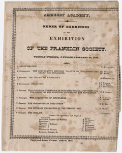 Thumbnail for Order of exercises at the exhibition of the Franklin Society, 1827 February 20