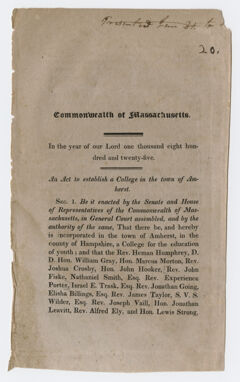 Thumbnail for An act to establish a college in the town of Amherst - Image 1