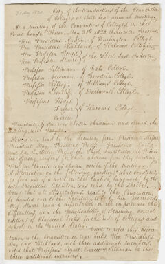 Thumbnail for Minutes of the Convention of Colleges sent to Zephaniah Swift Moore, 1820 May 31 - Image 1
