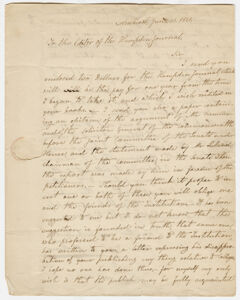 Thumbnail for Zephaniah Swift Moore letter to the editor of the Hampden Journal, 1821 June 21 - Image 1