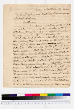 Thumbnail for Zephaniah Swift Moore letter to the Preceptors and Prudential Commitee of Amherst Academy, 1821 November 10 - Image 1