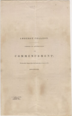 Thumbnail for Amherst College Commencement program, 1838 August 22 - Image 1