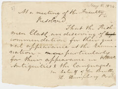 Thumbnail for Collegiate Institution faculty resolution regarding the freshmen class examinations, 1824 May 10 - Image 1