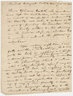 Thumbnail for Collegiate Institution faculty resolution regarding Ephraim Eveleth and Eveleth's signed retraction, 1824 June 28 - Image 1