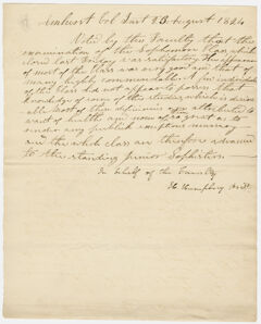 Thumbnail for Collegiate Institution faculty resolution regarding the sophomore class examinations, 1824 August 23