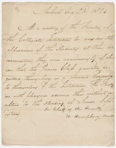 Thumbnail for Collegiate Institution faculty resolution regarding the junior class examinations, 1824 August 23