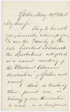 Thumbnail for Amherst College Boston Alumni Association letter to Edward Hitchcock, Jr., 1864 May 19 - Image 1