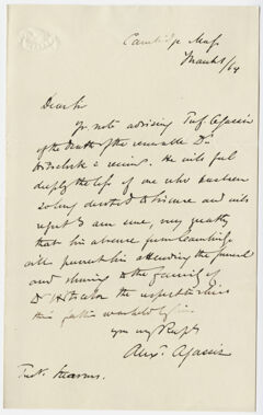 Thumbnail for Alexander Agassiz letter to William Augustus Stearns, 1864 March 1