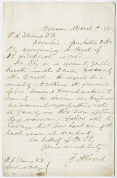 Thumbnail for Frederick Alvord letter to William Augustus Stearns, on behalf of Alfred Ely, 1864 March 1