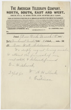Thumbnail for William Allen Hallock and Ornan Eastman telegram to William Augustus Stearns, 1864 March 1