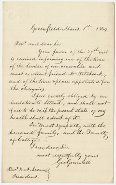 Thumbnail for George Grennell letter to William Augustus Stearns, 1864 March 1