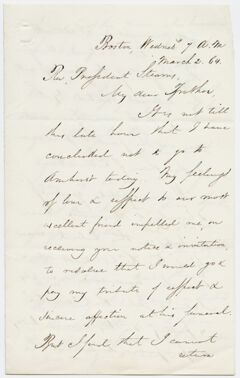 Thumbnail for N. Adams letter to William Augustus Stearns, 1864 March 2 - Image 1