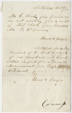 Thumbnail for Notice of receipt of payment by C. Reed for Edward Hitchcock to Howe & Sawyer, 1860 - Image 1