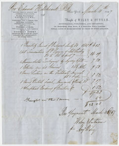 Thumbnail for Edward Hitchcock receipt of payment to Wiley & Putnam, 1847 March 10 - Image 1