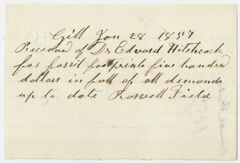 Thumbnail for Edward Hitchcock receipt of payment to Roswell Field, 1857 January 28 - Image 1