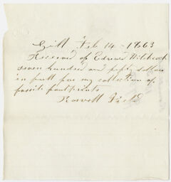 Thumbnail for Edward Hitchcock receipt of payment to Roswell Field, 1863 February 14 - Image 1