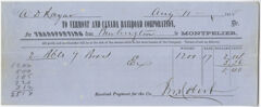 Thumbnail for A. D. Hayar? receipt of payment to the Vermont and Canada Railroad Corporation, 1858 August 11