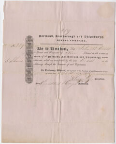 Thumbnail for John B. Cross stock certificate of the Portland, Scarborough and Phipsburgh Mining Company - Image 1