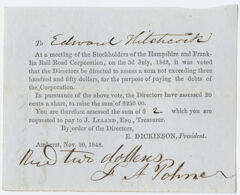 Thumbnail for Edward Dickinson note to Edward Hitchcock, 1848 November 20 - Image 1