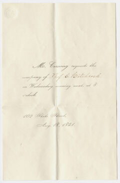 Thumbnail for Invitation from Mr. Corning to Edward Hitchcock, 1851 August 18 - Image 1