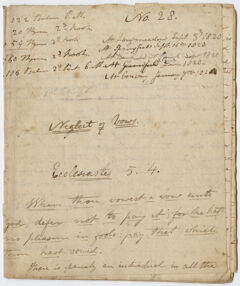 Thumbnail for Edward Hitchcock sermon no. 28, "Neglect of Vows," 1820 September - Image 1