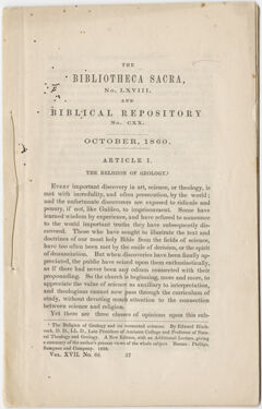 Thumbnail for Bibliotheca Sacra and Biblical Repository notice of Edward Hitchcock's "The Religion of Geology," 1860 October - Image 1