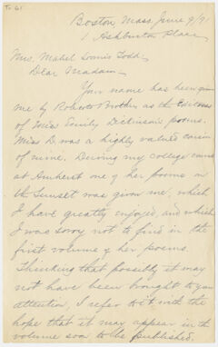 Thumbnail for Perez Dickinson Cowan letter to Mabel Loomis Todd, 1891 June 9 - Image 1