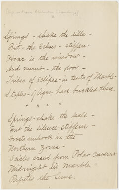 Thumbnail for Transcription of Emily Dickinson's "Springs - shake the sills" - Image 1