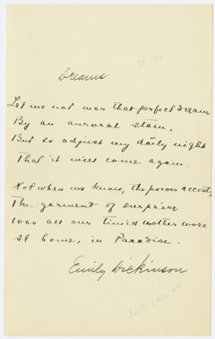 Thumbnail for Transcription of Emily Dickinson's "Let me not mar that perfect dream" - Image 1