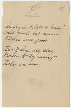 Thumbnail for Transcription of Emily Dickinson's "Are friends delight or pain?" - Image 1