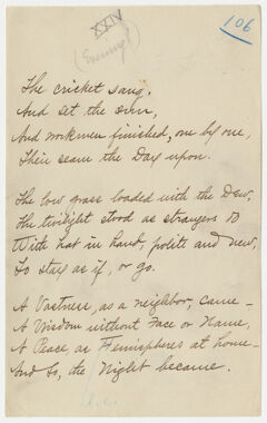 Thumbnail for Transcription of Emily Dickinson's "The cricket sang" - Image 1