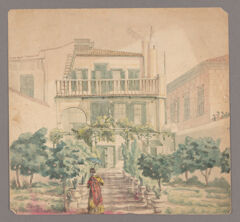 Thumbnail for Henry John Van Lennep watercolor drawing of a woman standing in front of a building