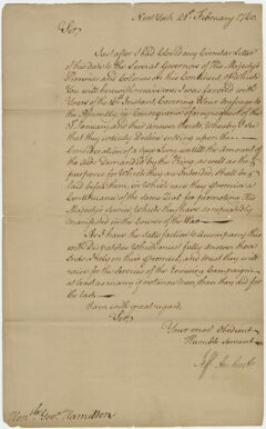 Thumbnail for Jeffery Amherst letter to Lieutenant Governor James Hamilton, 1760 February 21 - Image 1