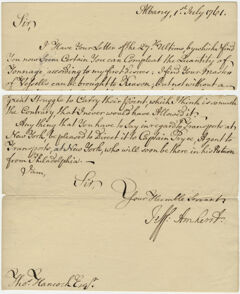 Thumbnail for Jeffery Amherst letter to Thomas Hancock, 1761 July 1 - Image 1