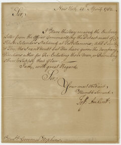 Thumbnail for Jeffery Amherst letter to Governor Stephen Hopkins, 1762 April 25 - Image 1