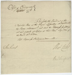Thumbnail for Supply order issued from the Office of Ordnance, countersigned by Jeffery Amherst, 1776 November 1