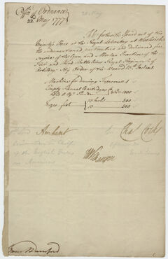 Thumbnail for Supply order issued from the Office of Ordnance, countersigned by Jeffery Amherst, 1777 May 22