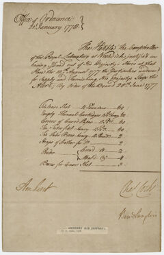 Thumbnail for Supply order from the Office of Ordnance, countersigned by Jeffery Amherst, 1778 January 20