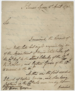 Thumbnail for Jeffery Amherst letter to Sir George Yonge, 1791 April 1 - Image 1