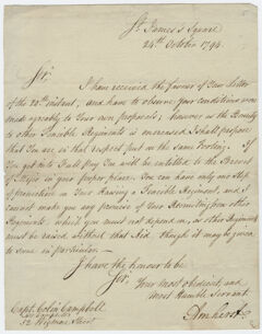 Thumbnail for Jeffery Amherst letter to Captain Colin Campbell, 1794 October 24 - Image 1