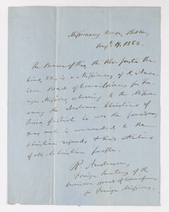 Thumbnail for Rufus Anderson certificate regarding Justin Perkins, 1862 August 19 - Image 1