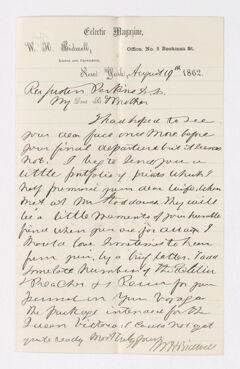 Thumbnail for William Hilliard Bidwell letter to Justin Perkins, 1862 August 19 - Image 1