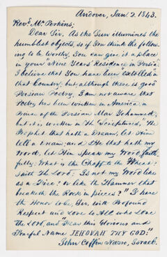 Thumbnail for John Coffin Nazro letter and poem to Justin Perkins, 1843 January 2 - Image 1