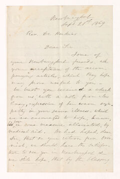 Thumbnail for Elizabeth Wheelwright letter to Justin Perkins, 1869 September 21 - Image 1