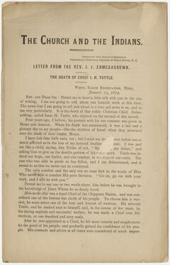 Thumbnail for The church and the Indians: letter from the Rev. J.J. Enmegahbowh : the death of chief I.H. Tuttle - Image 1