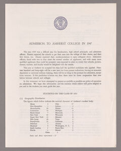 Thumbnail for Amherst College annual report to secondary schools and report on admission to Amherst College, 1947 - Image 1