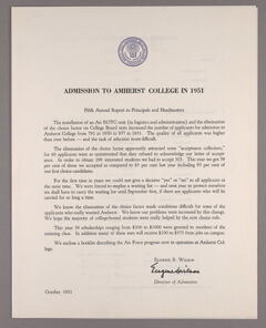 Thumbnail for Amherst College annual report to secondary schools and report on admission to Amherst College, 1951 - Image 1